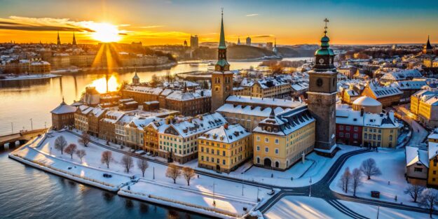 Snowy Stockholm Gamla Stan: Drone View of Sunlit Church Tower and Shadowed Roofs